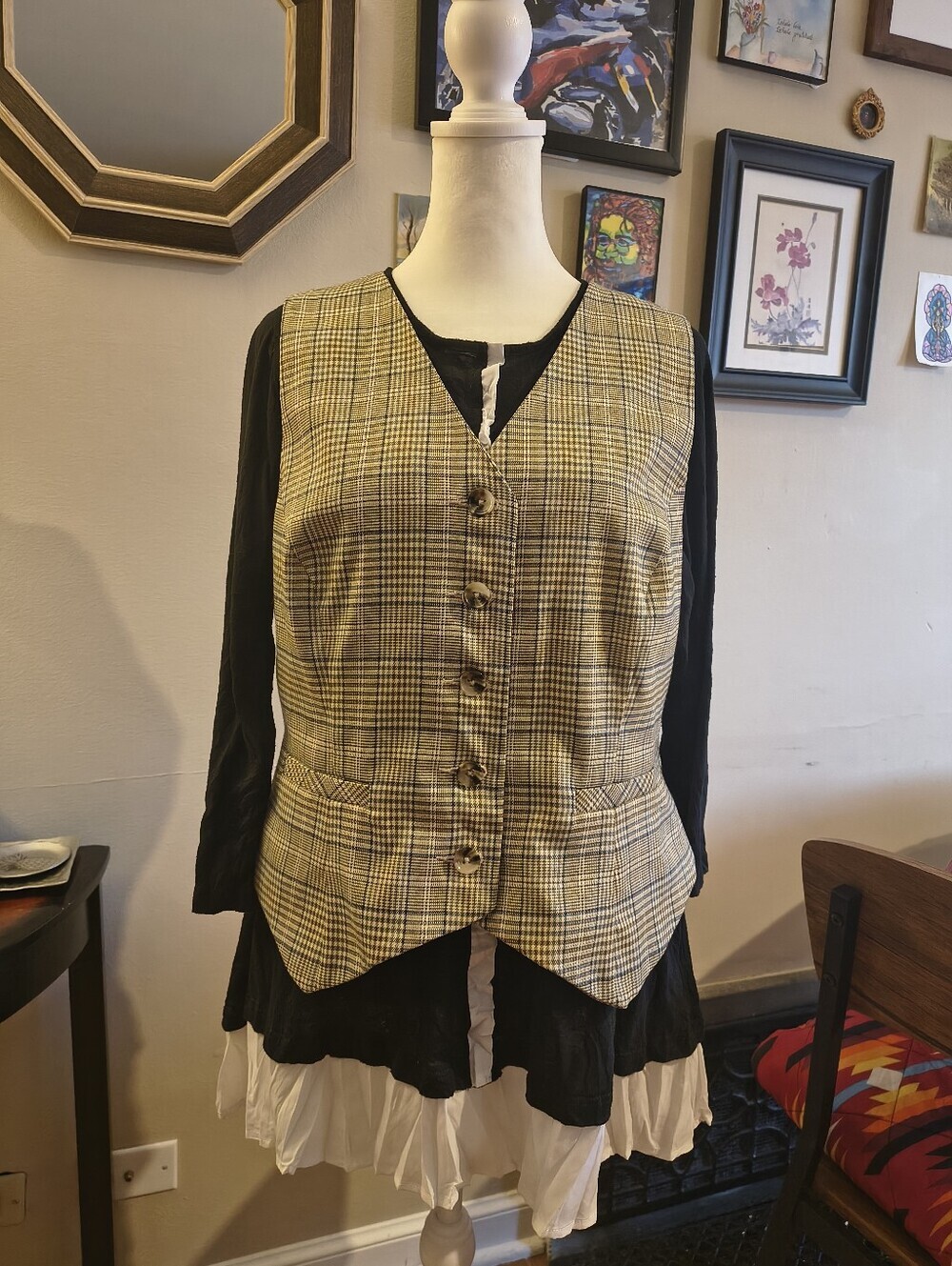 CAbi Plaid Vest in Tan and Black